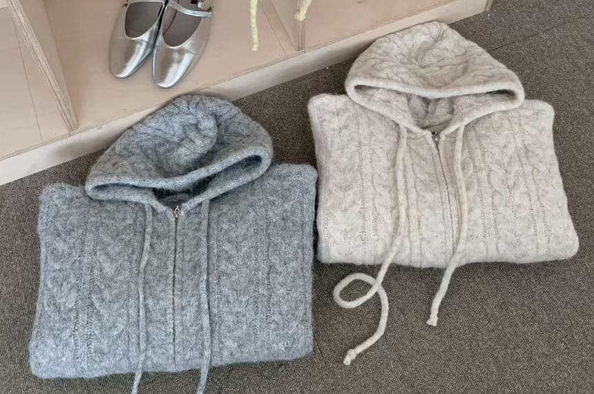 Plain Zip-Up Cable Knit Hoodie