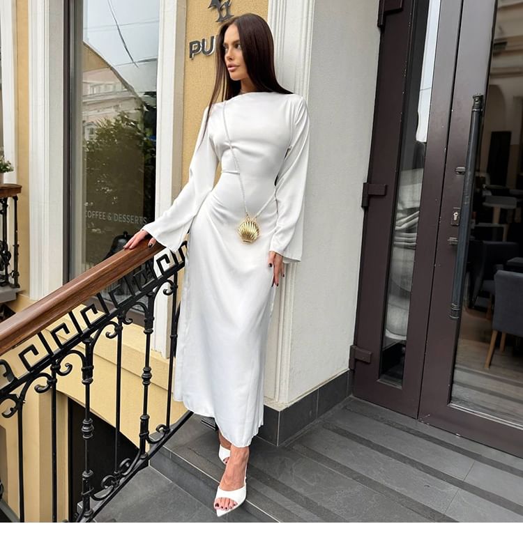 Long-Sleeve Boat Neck Plain Maxi Sheath Dress