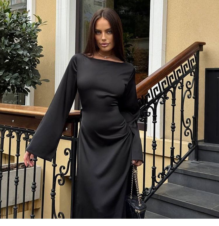 Long-Sleeve Boat Neck Plain Maxi Sheath Dress