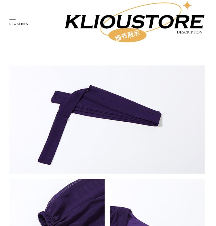 Set: Long-Sleeve V-Neck Plain Maxi A-Line Dress + Skinny Scarf