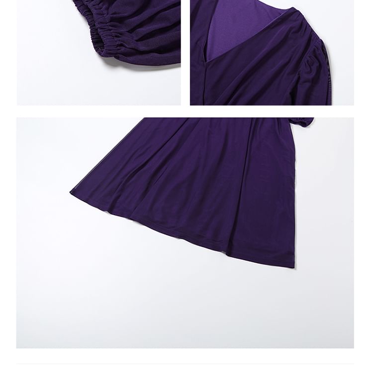 Set: Long-Sleeve V-Neck Plain Maxi A-Line Dress + Skinny Scarf