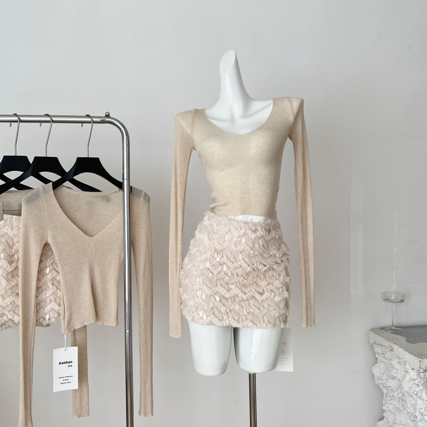 V-Neck Long Sleeve Knit Top and Sequin Mini Skirt Set