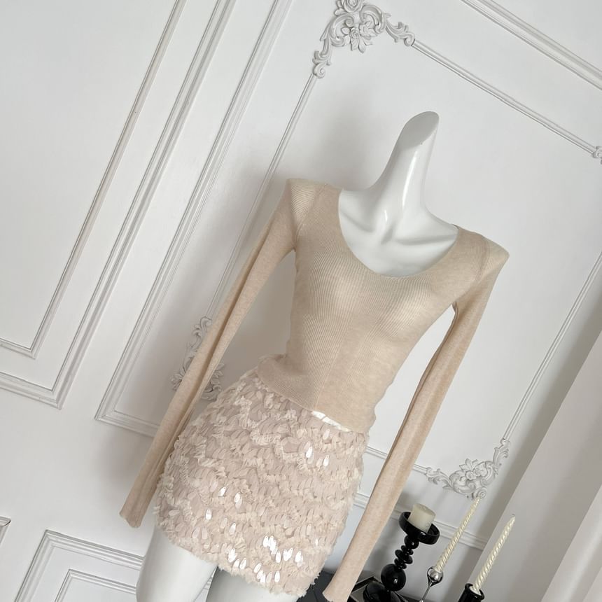 V-Neck Long Sleeve Knit Top and Sequin Mini Skirt Set