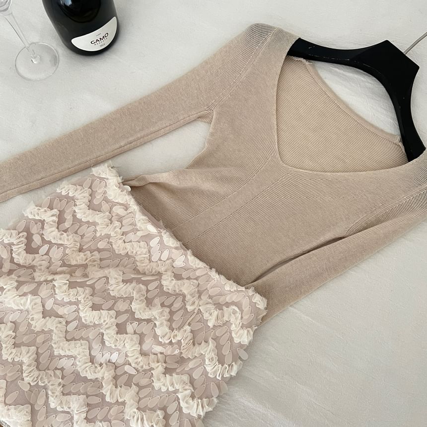 V-Neck Long Sleeve Knit Top and Sequin Mini Skirt Set