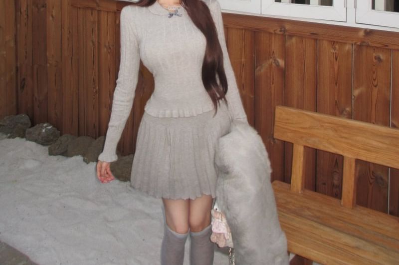 Long Sleeve Collar Melange Ribbed Knit Top & High Rise Mini A-Line Skirt