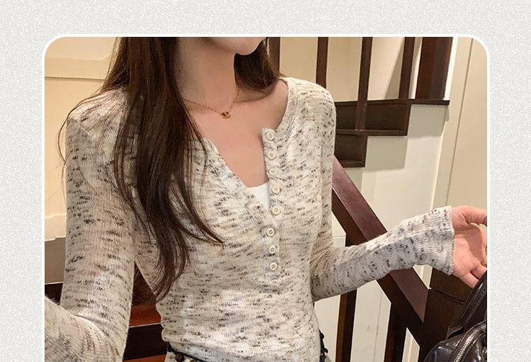 Melange Knit Henley Top with Notch Neck & Long Sleeves