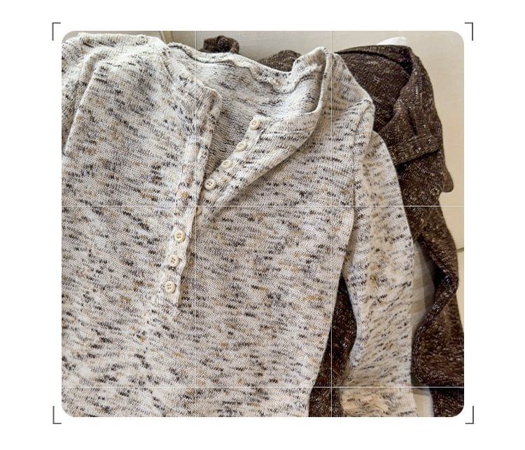 Melange Knit Henley Top with Notch Neck & Long Sleeves