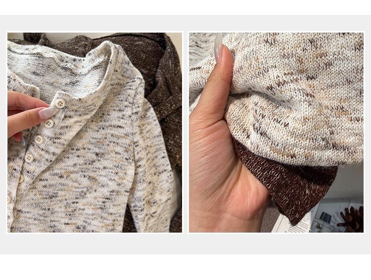 Melange Knit Henley Top with Notch Neck & Long Sleeves