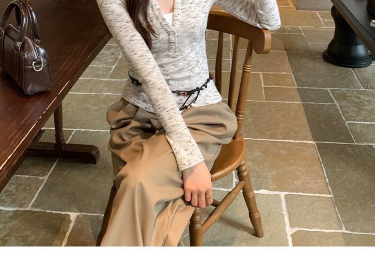 Melange Knit Henley Top with Notch Neck & Long Sleeves