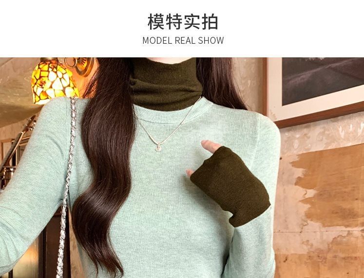 Long Sleeve Turtleneck Two-Tone Knit Shirt