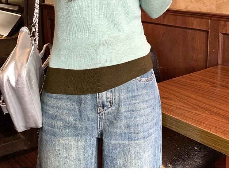 Long Sleeve Turtleneck Two-Tone Knit Shirt