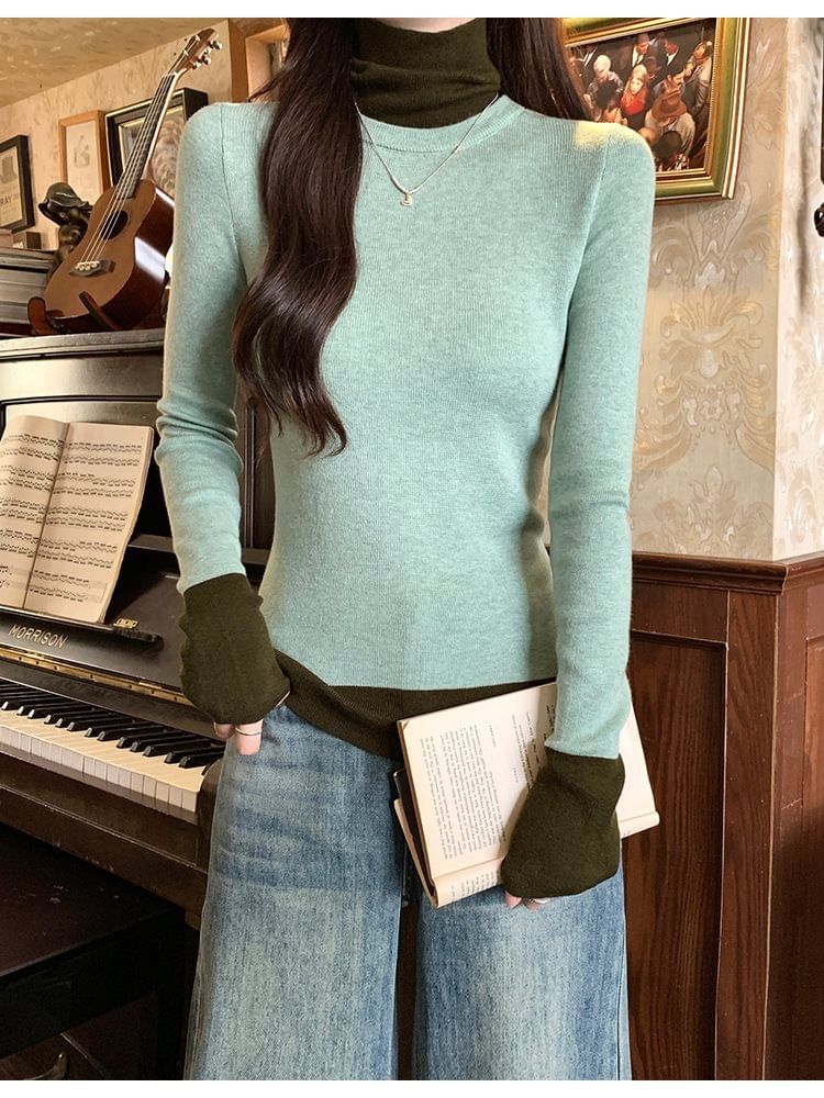 Long Sleeve Turtleneck Two-Tone Knit Shirt