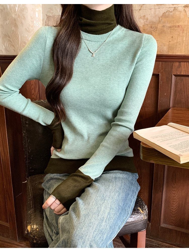 Long Sleeve Turtleneck Two-Tone Knit Shirt