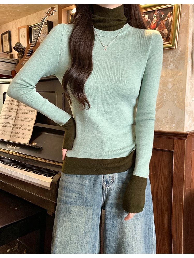 Long Sleeve Turtleneck Two-Tone Knit Shirt
