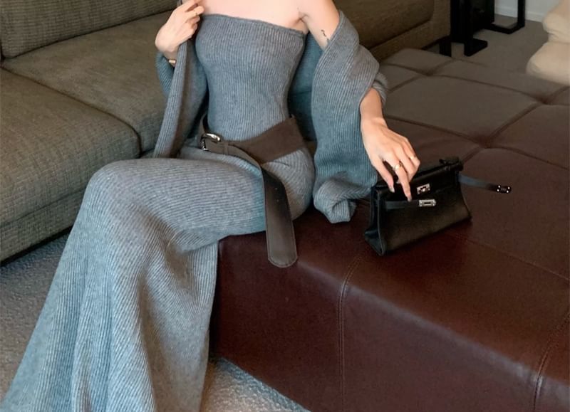 Strapless Plain Ribbed Maxi Mermaid Knit Dress / Open Front Cardigan / Belt / Set