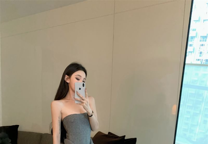 Strapless Plain Ribbed Maxi Mermaid Knit Dress / Open Front Cardigan / Belt / Set