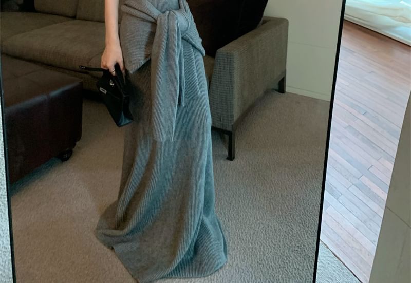 Strapless Plain Ribbed Maxi Mermaid Knit Dress / Open Front Cardigan / Belt / Set