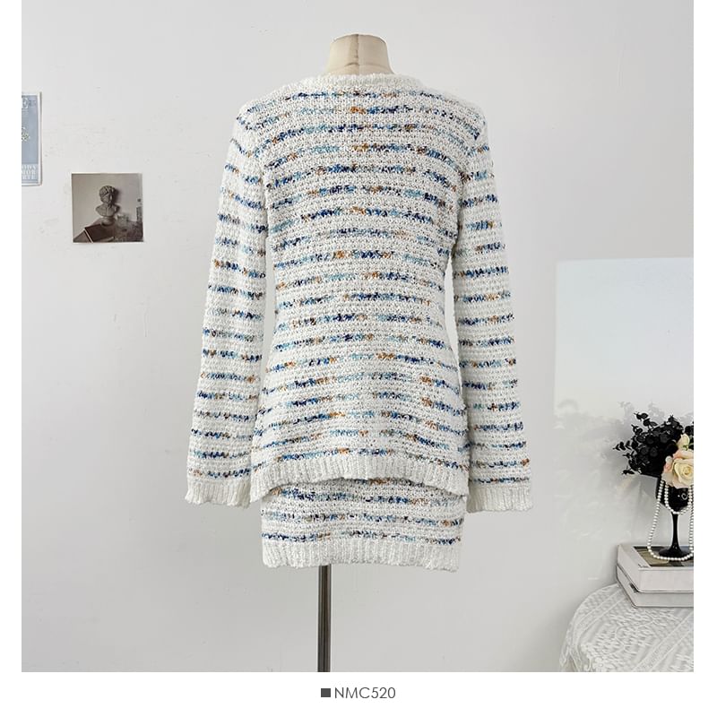 Set: Long Sleeve Striped Tweed Jacket + High Waist Mini Skirt