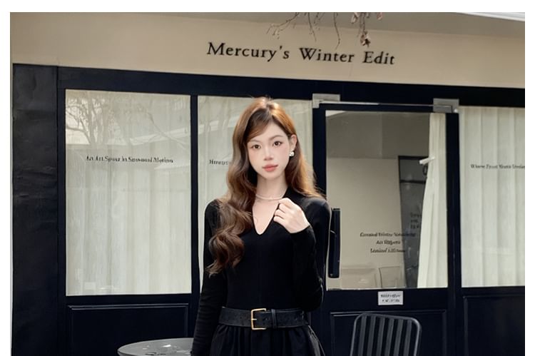 Long Sleeve V-Neck Belted Panel Maxi A-Line Dress