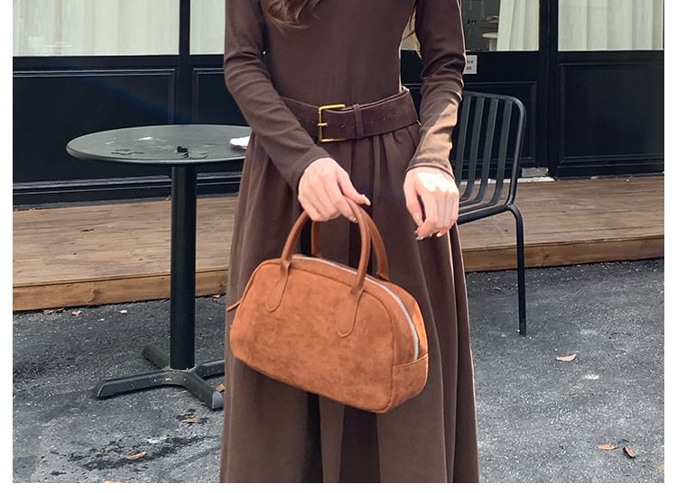 Long Sleeve V-Neck Belted Panel Maxi A-Line Dress