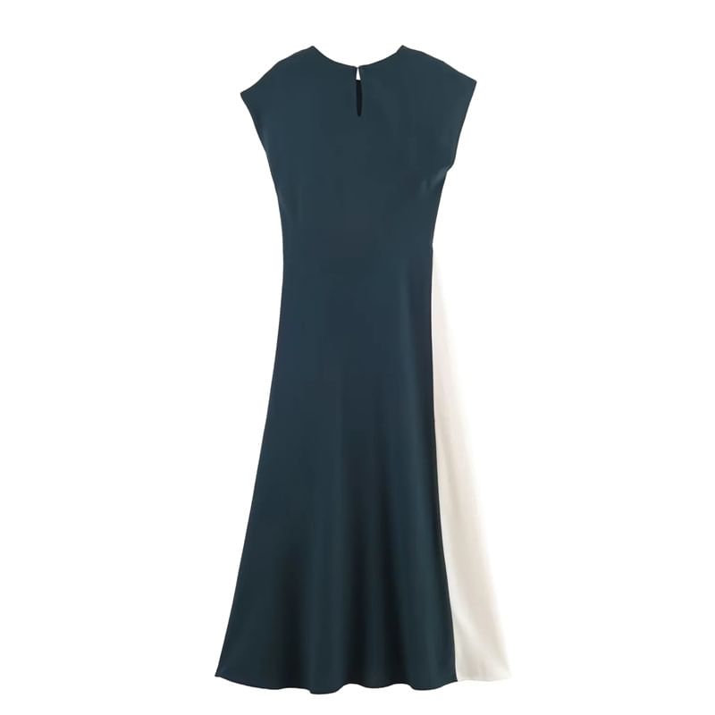 French Sleeve Round Neck Two Tone Panel Maxi A-Line Dress