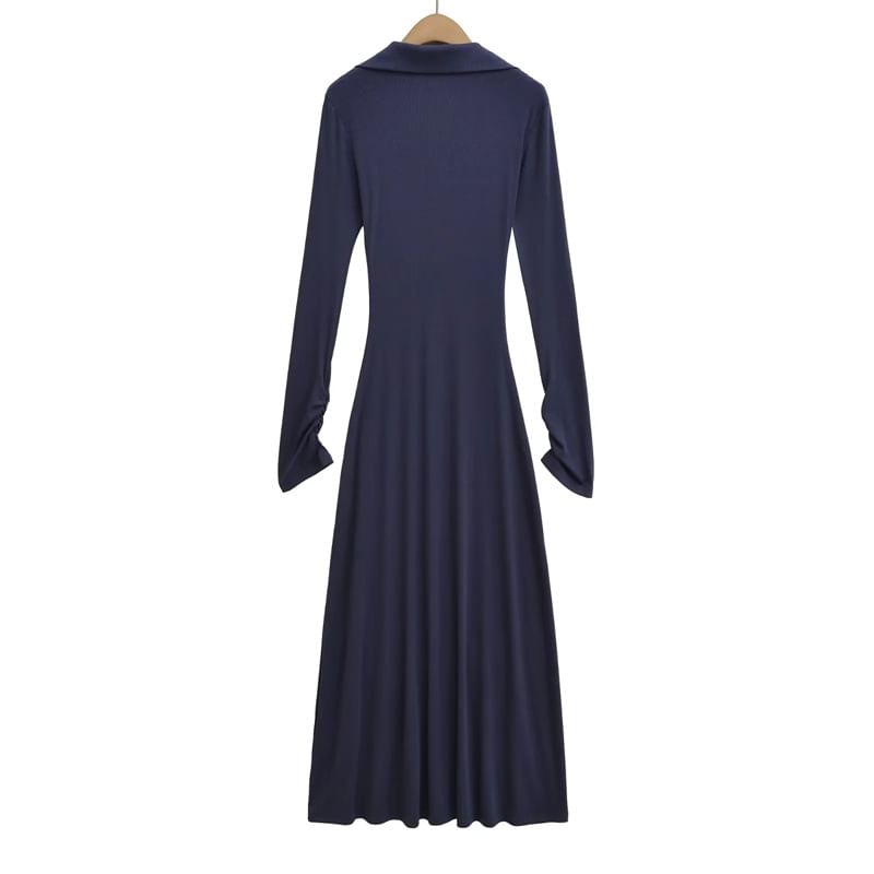 Long Sleeve Mock Neck Henley Plain Maxi A-Line Dress