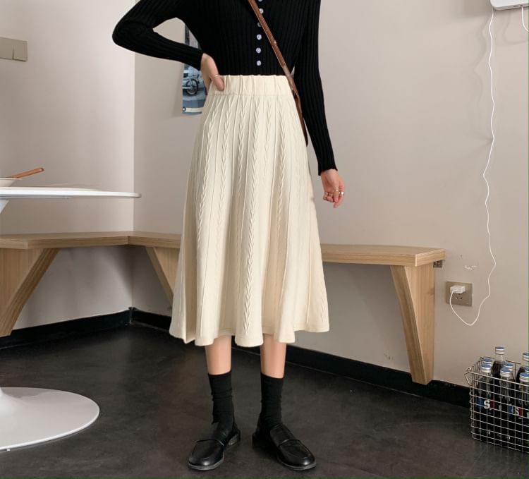 Elastic Waist Cable Knit Midi A-Line Skirt