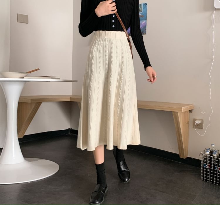 Elastic Waist Cable Knit Midi A-Line Skirt