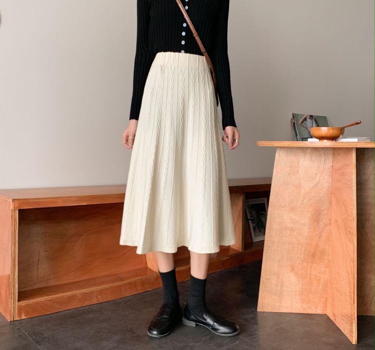 Elastic Waist Cable Knit Midi A-Line Skirt