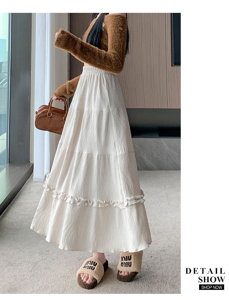 Ruffle Trim Tiered Corduroy Midi A-Line Skirt Elastic Waist
