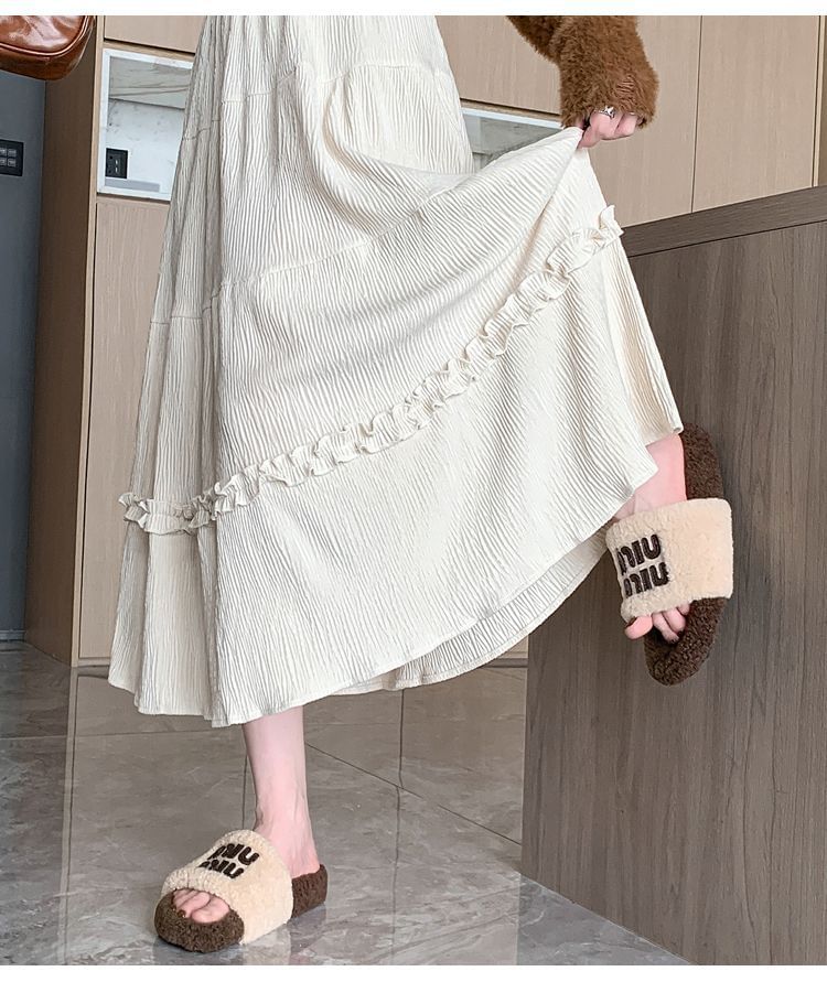 Ruffle Trim Tiered Corduroy Midi A-Line Skirt Elastic Waist