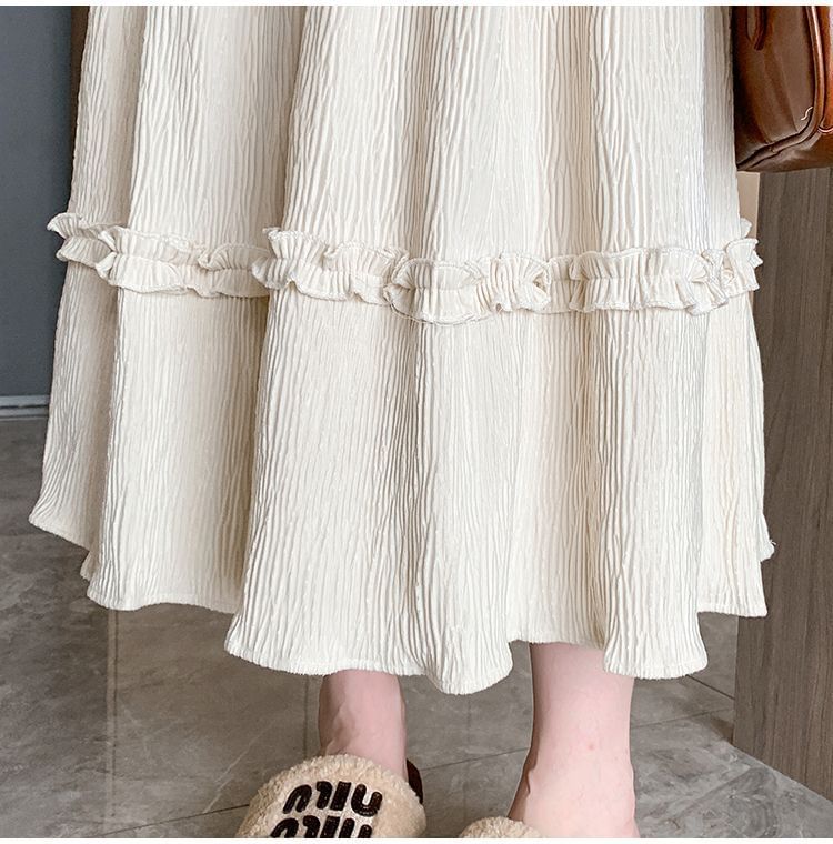 Ruffle Trim Tiered Corduroy Midi A-Line Skirt Elastic Waist