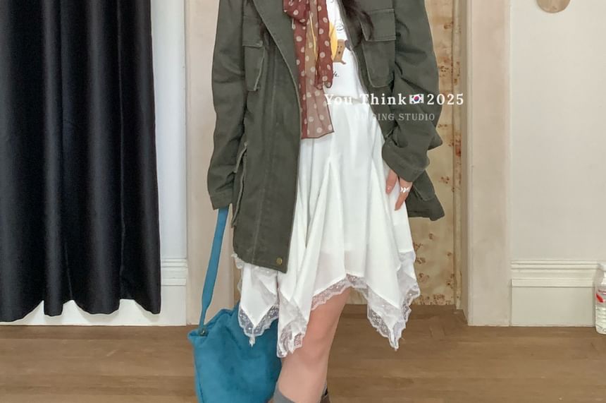 Asymmetrical Lace Trim Knee-Length Skirt