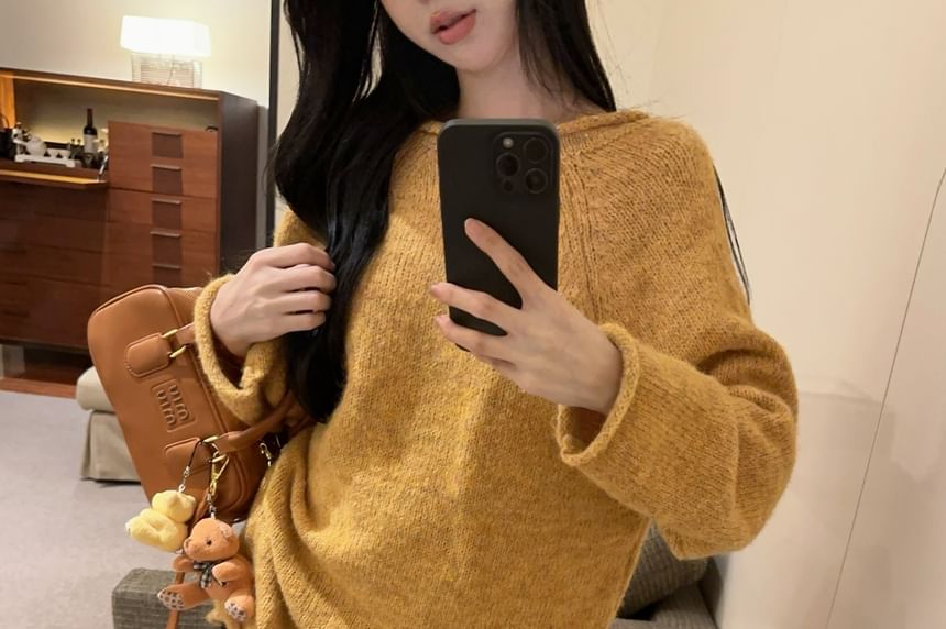 V-Neckline Lace Insert Plain Knit Sweater