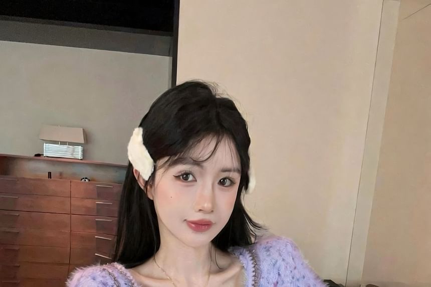 Flared Sleeve Square Neckline Melange Knit Shirt