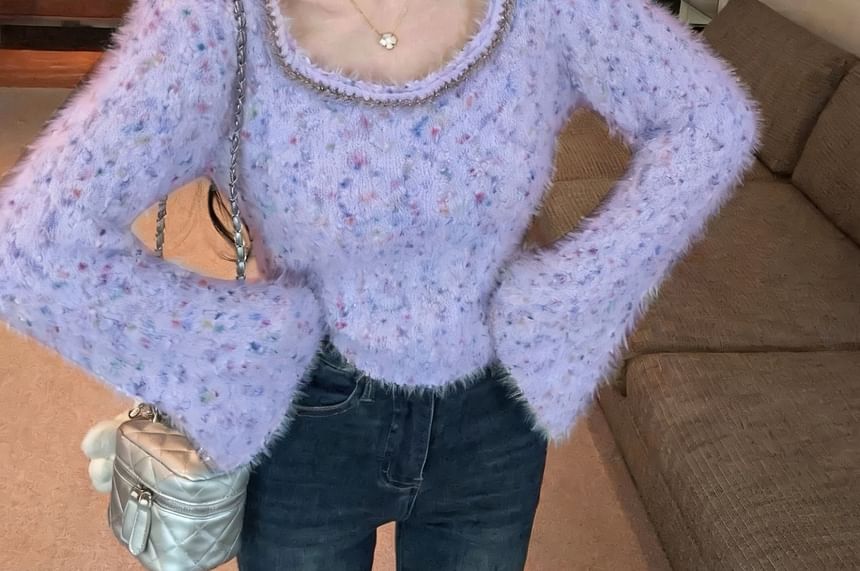 Flared Sleeve Square Neckline Melange Knit Shirt
