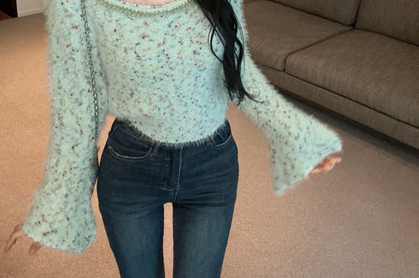 Flared Sleeve Square Neckline Melange Knit Shirt