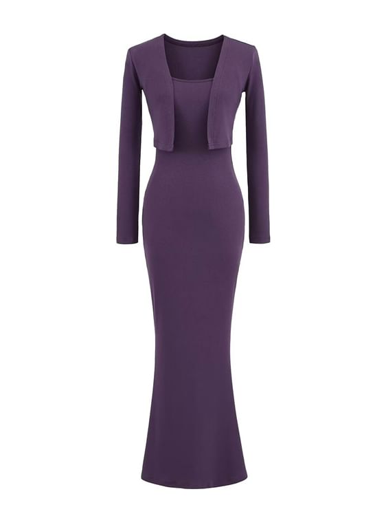 Set: Spaghetti Strap Plain Midi Maxi Mermaid Dress + Cropped Open Front Cardigan