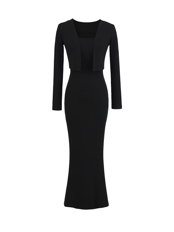Set: Spaghetti Strap Plain Midi Maxi Mermaid Dress + Cropped Open Front Cardigan