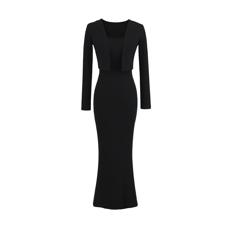 Set: Spaghetti Strap Plain Midi Maxi Mermaid Dress + Cropped Open Front Cardigan