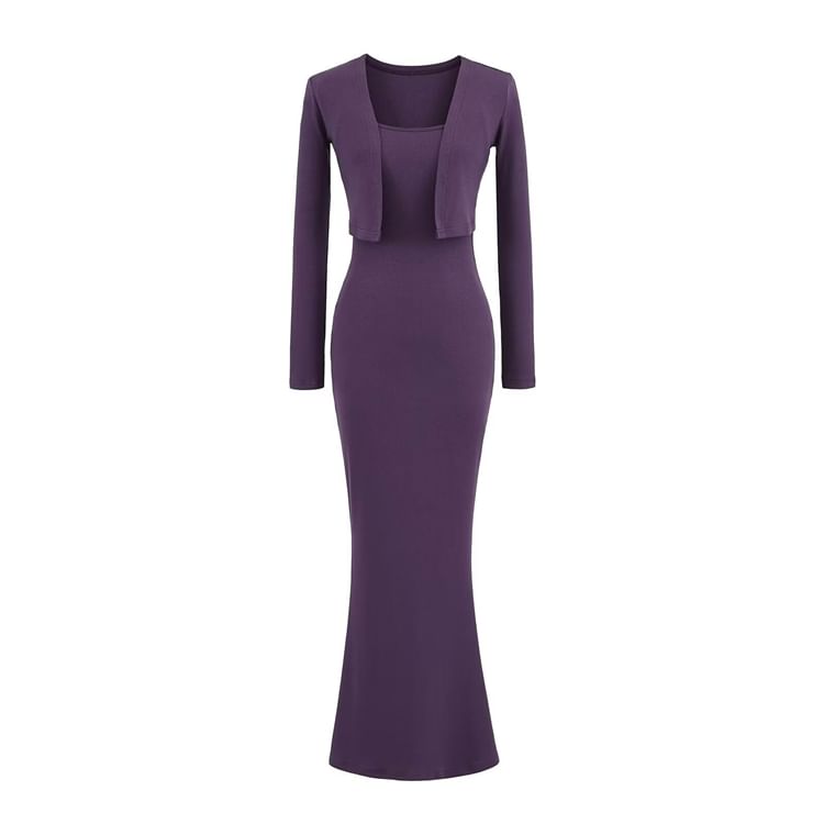 Set: Spaghetti Strap Plain Midi Maxi Mermaid Dress + Cropped Open Front Cardigan