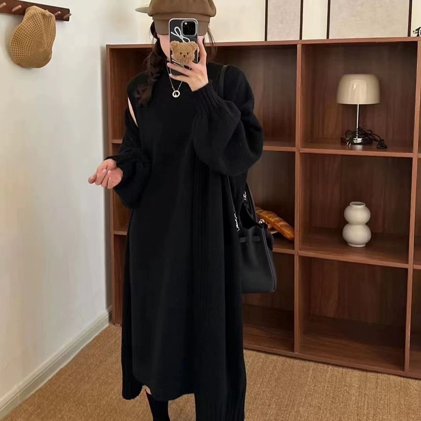 Set: Sleeveless Mock Neck Plain Knit Midi Loose Fit Dress + Maxi Open Front Cardigan