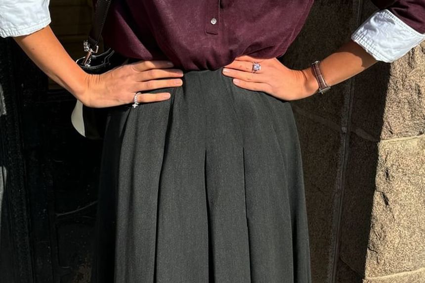 Pleated A-Line Midi Skirt High Waist
