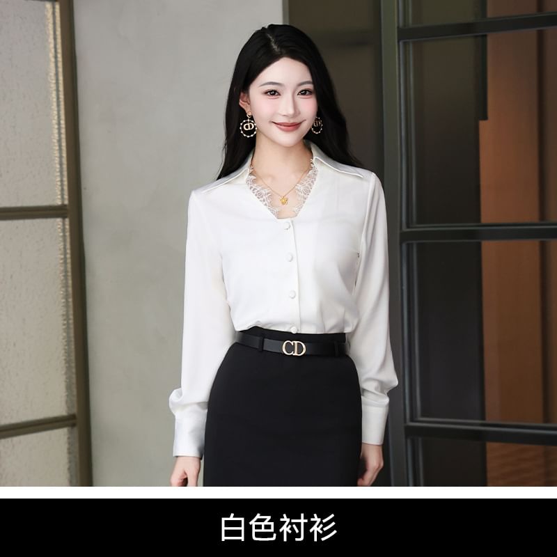 Long-Sleeve Lace Trim Button Shirt and Plain Midi Pencil Skirt Set