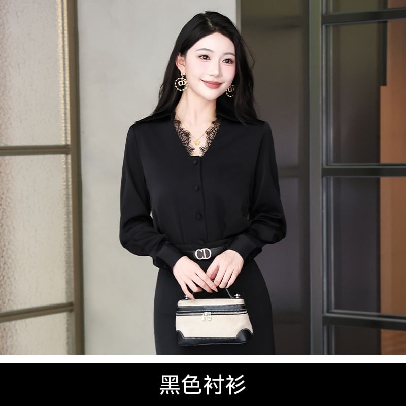 Long-Sleeve Lace Trim Button Shirt and Plain Midi Pencil Skirt Set