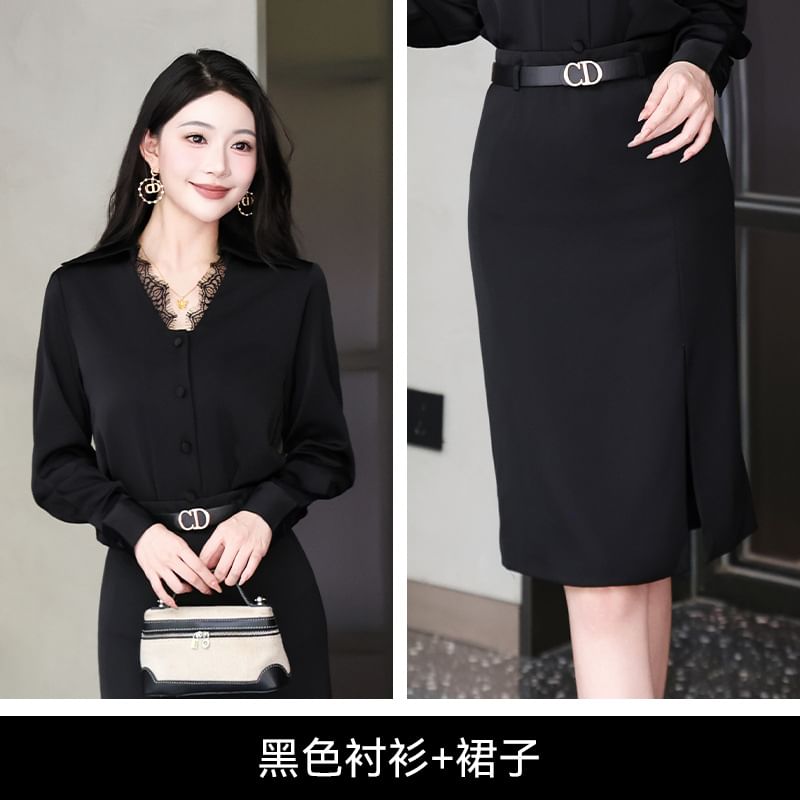 Long-Sleeve Lace Trim Button Shirt and Plain Midi Pencil Skirt Set