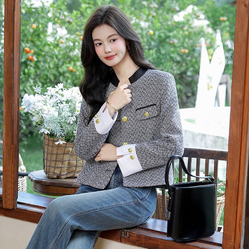 Plaid Button-Up Tweed Jacket