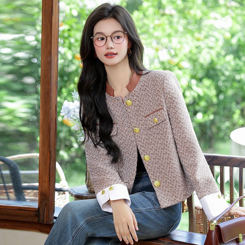 Plaid Button-Up Tweed Jacket