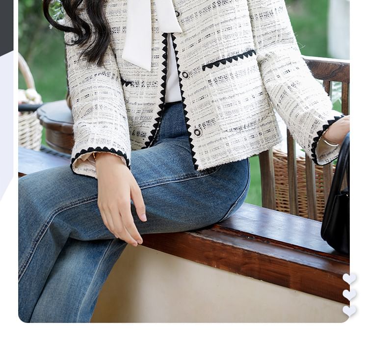 Plaid Button-Up Tweed Jacket / Long-Sleeve Ribbon Neck Blouse / Set