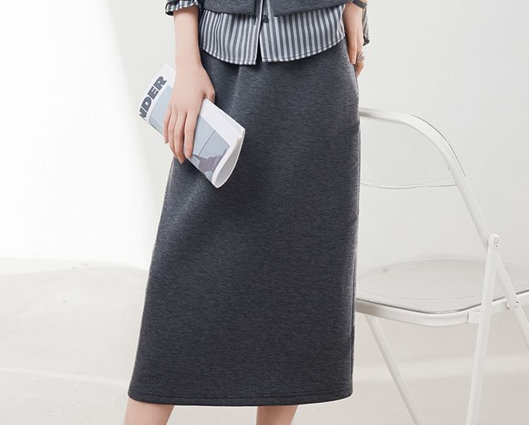 Mock Neck Striped Sweatshirt and Midi Skirt Set
